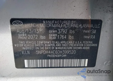 2013 Hyundai Elantra Gls z USA, uszkodzony, nr VIN 5NPDH4AE6DH399520